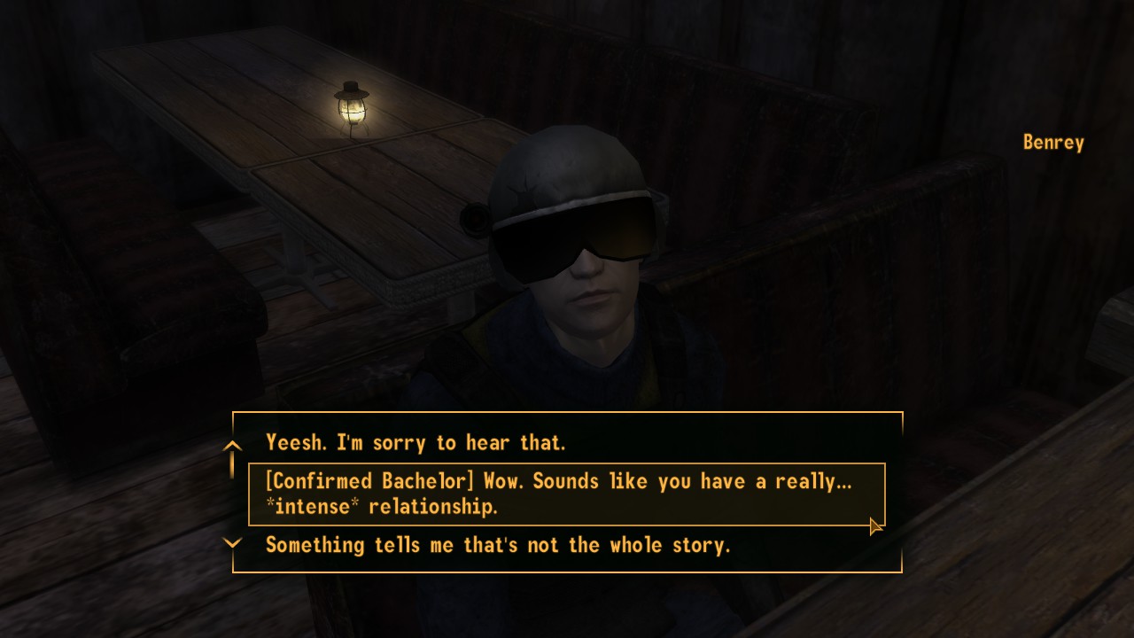 highlighted player dialogue: '[Confirmed Bachelor] Wow. Sounds like you have a really... *intense* relationship.'