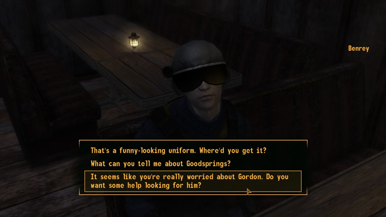 highlighted player dialogue: 'It seems like you're really worried about Gordon. Do you want some help looking for him?'